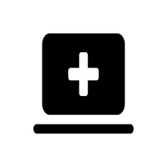 Fototapeta premium Black laptop with a white plus sign in the center of the screen and a black base underneath it view