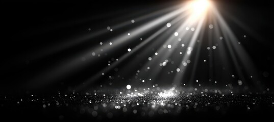Light White Rays with Particles on Black Blurred Background