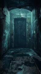 Obraz premium Dark Passage Leading to Closed Wooden Door in a Stone Tunnel