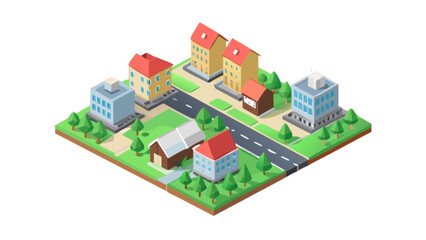 Isometric city landscape with buildings houses and trees vector illustration urban planning design 3d town