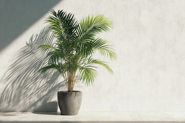 Fototapeta premium Indoor potted palm plant creates intricate shadows on a bright wall during daylight