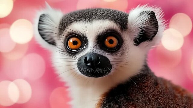 Close-up of a beautiful ring-tailed lemur with striking orange eyes, set against a soft pink bokeh background, creating a captivating portrait