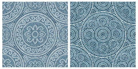 Seamless pattern blue Circular Mosaic. Decorative Antique Stone Ornament.