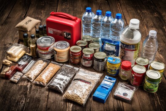Emergency supply kit containing essential food and water items for preparedness and survival during natural disasters or emergencies