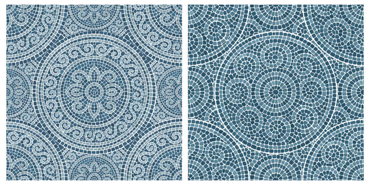 Seamless pattern blue Circular Mosaic. Decorative Antique Stone Ornament.