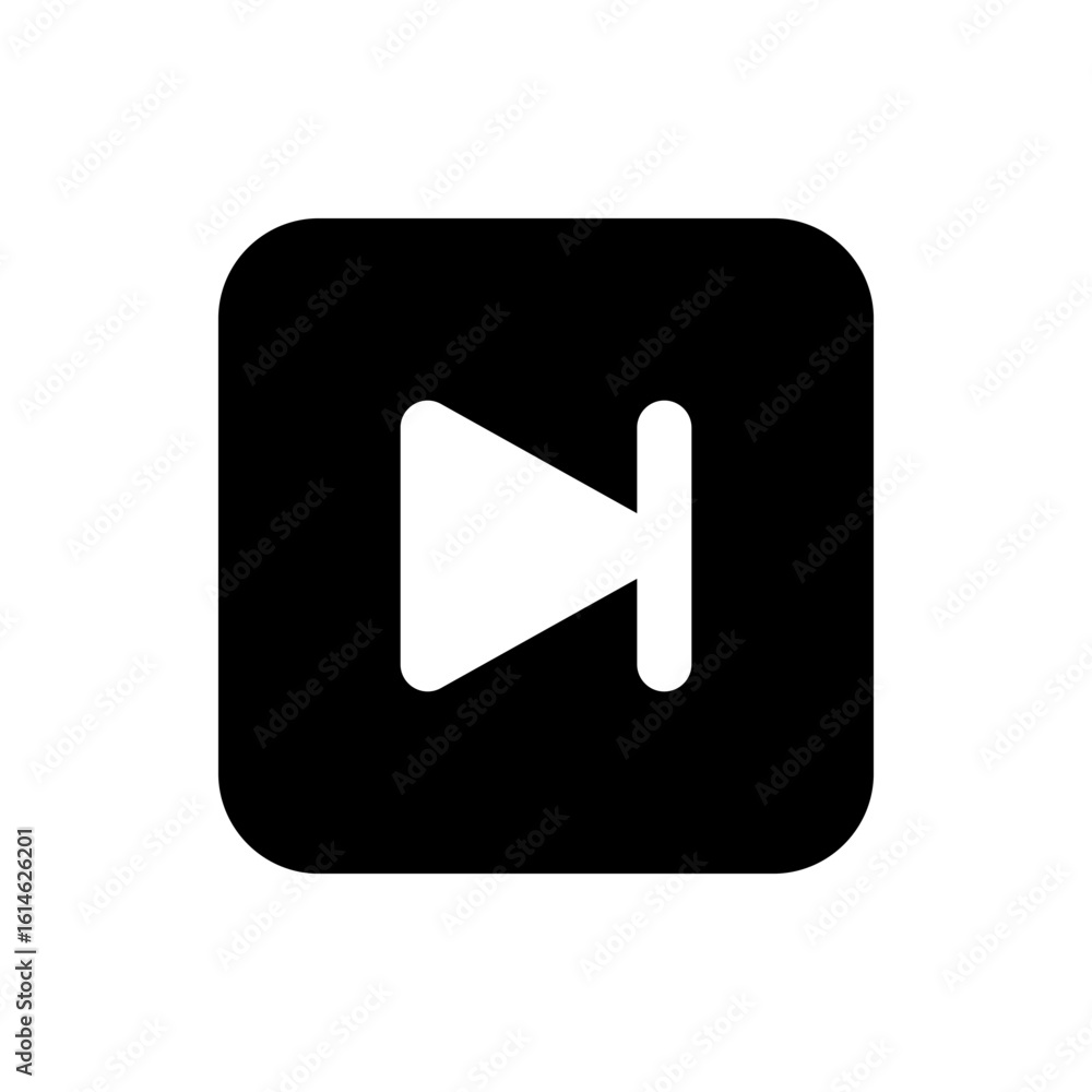 Poster black rounded square containing a white right pointing triangle with a vertical bar on the right sid