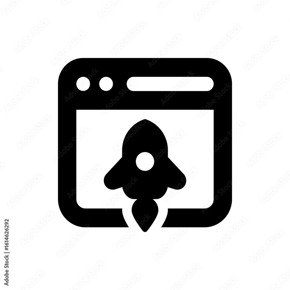 Poster rocket launching from a browser window icon representing startup or project launch with a clean desi