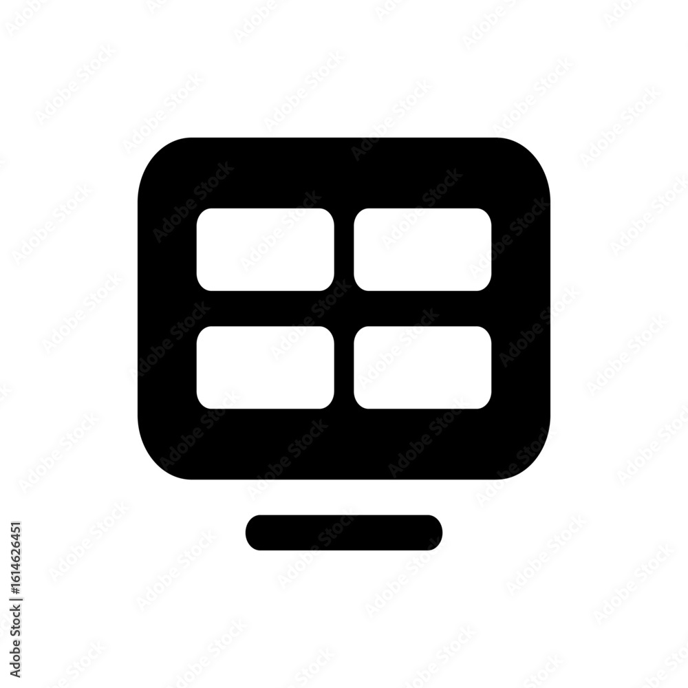 Poster illustration of a black computer monitor with four rectangular windows and a rounded base in simple 