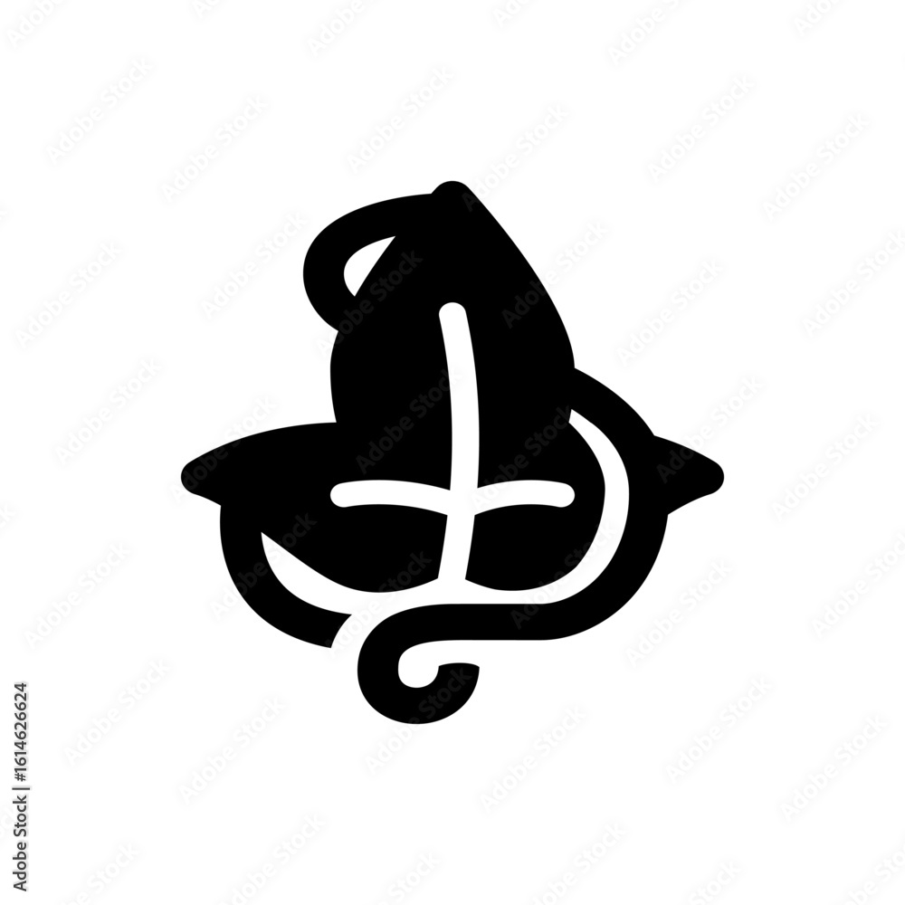 Poster abstract black and white design featuring a stylized leaf with a cross and a curled stem element des
