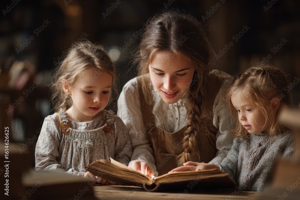 Poster teacher engaging students in a traditional library setting while reading a captivating story during 