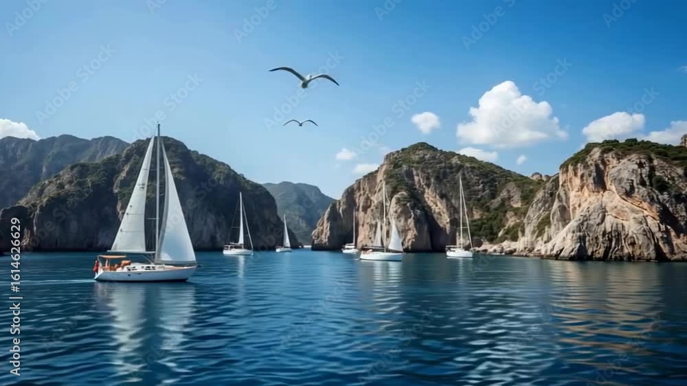 Poster the image captures serene sailing boats navigating through tranquil waters surrounded by lush cliffs
