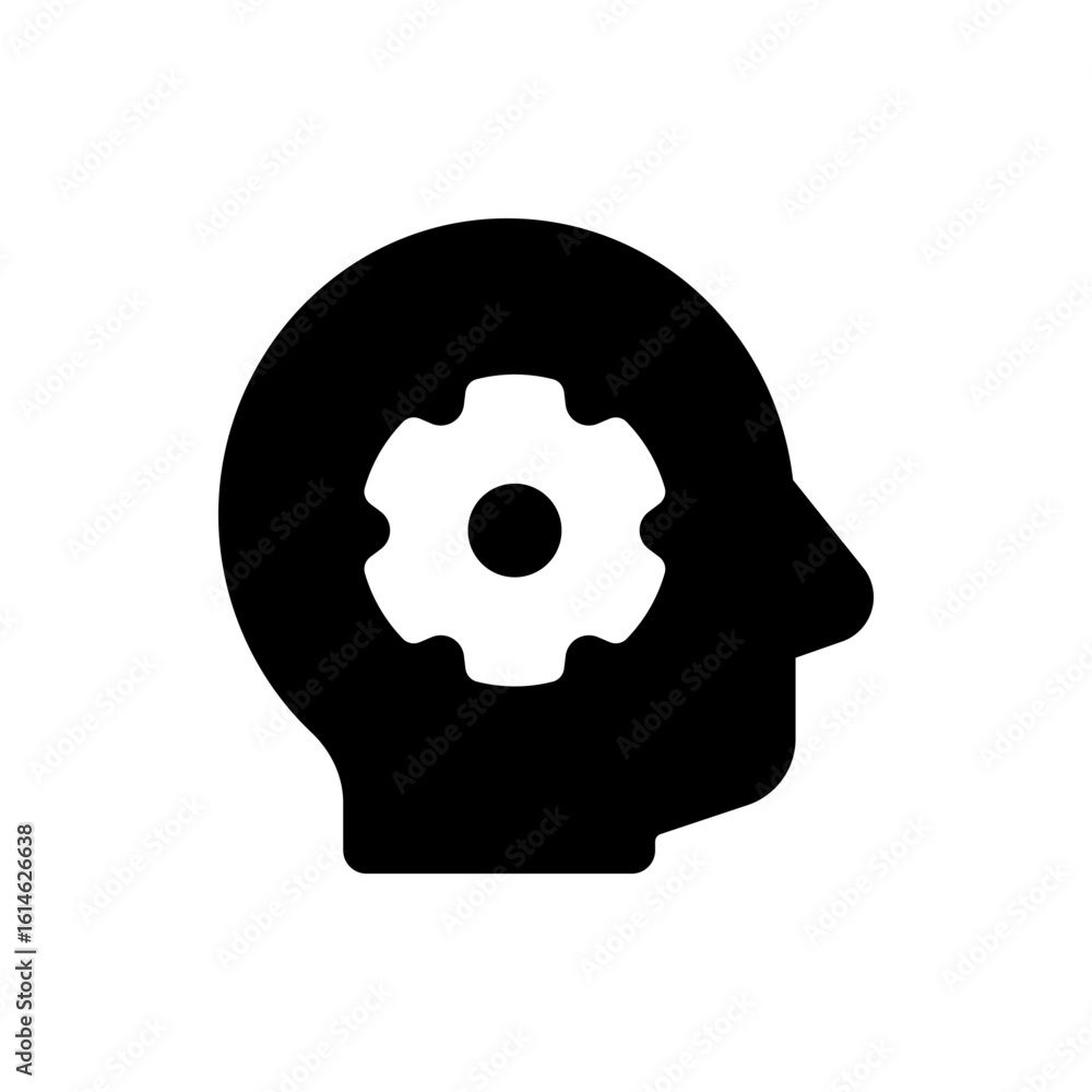 Poster silhouette of a head with a gear inside, illustrating concepts of thinking, innovation, and problem 