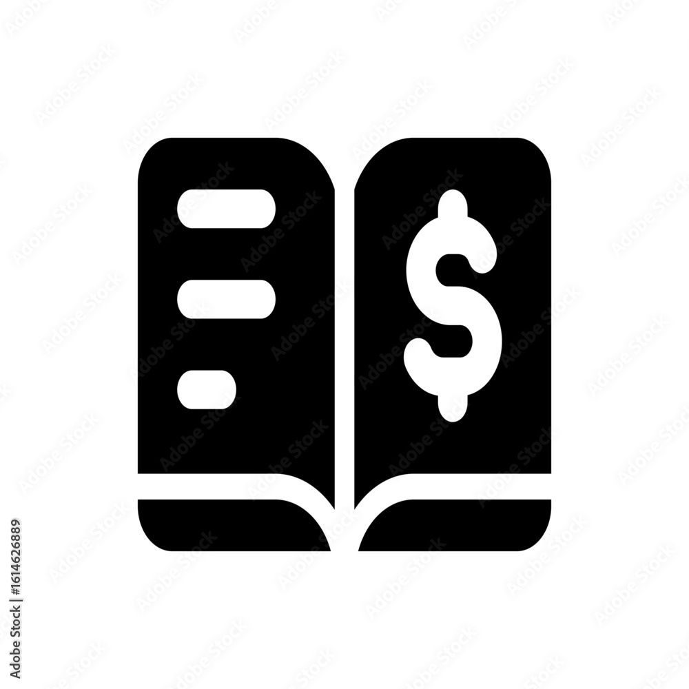 Poster an open book icon with bulleted list on the left page and a dollar sign on the right page in solid b