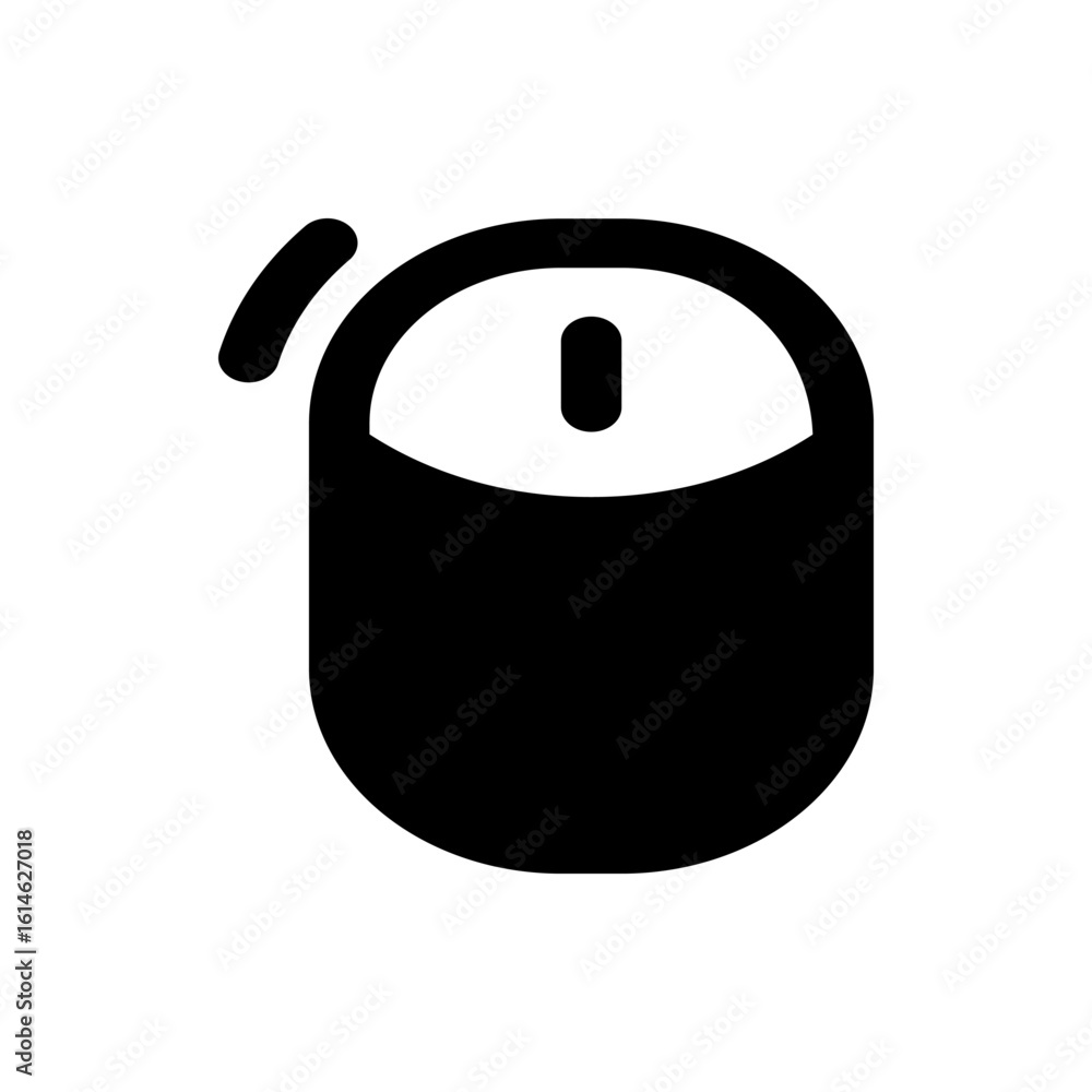Poster illustration of a black computer mouse with a scrolling wheel and a curved line on the left side