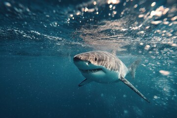 Naklejka premium Realistic depiction of a shark swimming forward in clear ocean waters showcasing the beauty and agility of this magnificent predator in its natural environment