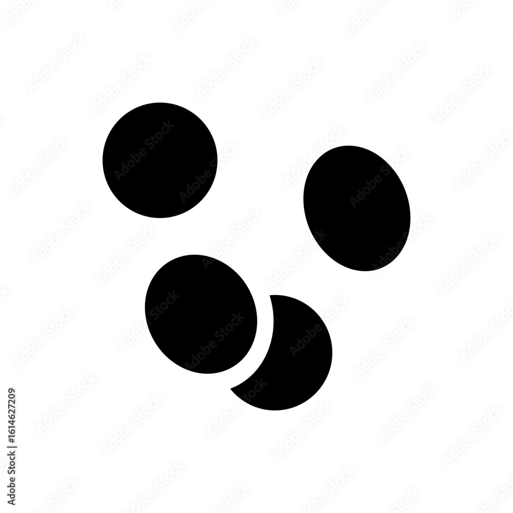 Poster black circles arranged in a cluster with one partially obscured creating a dynamic visual compositio