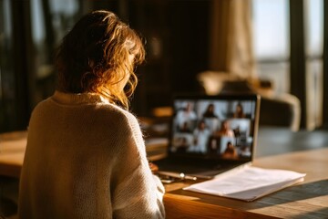 A person is attending a virtual meeting by the window in soft natural light.