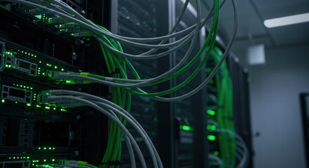 Close-up of data server with green-lit network cables and hardware, high-tech data center, digital technology, wired infrastructure, modern communication system, cybersecurity