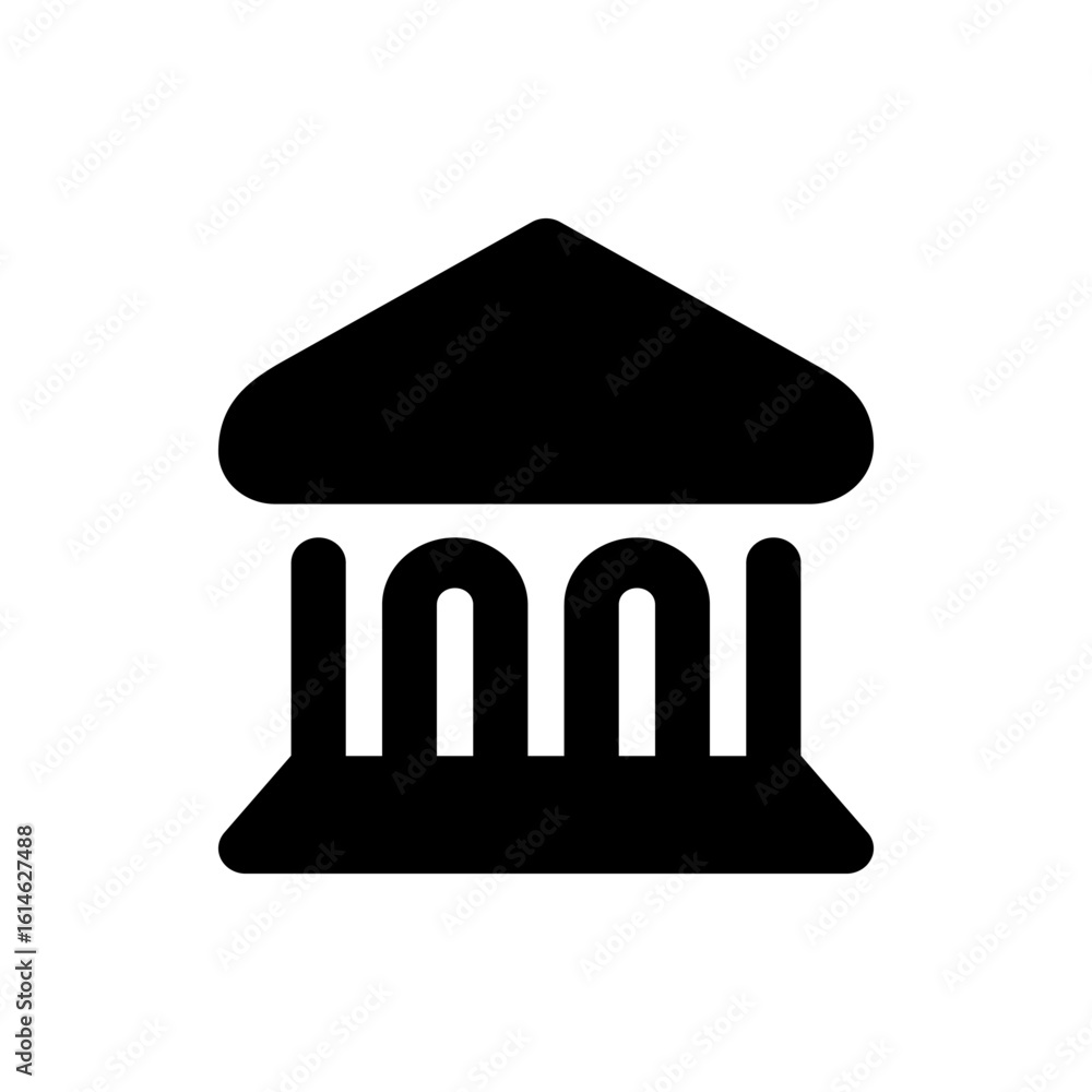Poster illustration of a simple black building with a triangular roof and three pillars in a minimalist sty