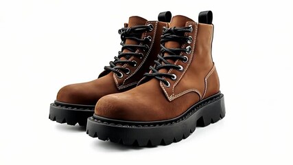 Close-up of fashionable brown leather boots featuring black laces and chunky soles, ideal for showcasing footwear trends
