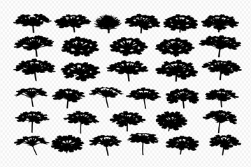 A collection of thirty-two tree silhouettes, varying in shape and size, arranged in rows on a transparent background.