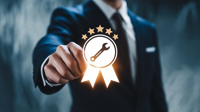 Holding a Five Star Quality Guarantee Seal Representing Excellence in Service and Top Tier Repair Solutions on Deep Blue