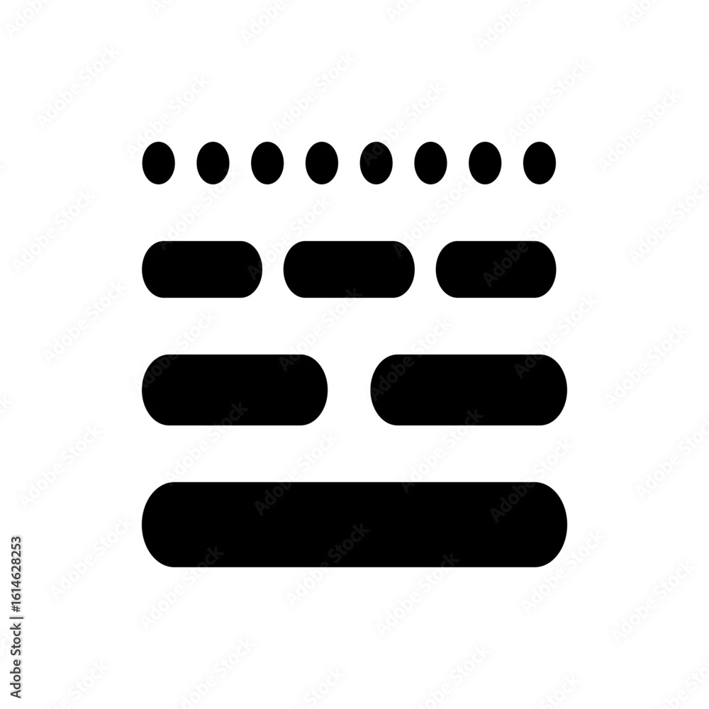 Poster a simple black and white illustration featuring a series of dots and rounded rectangles arranged in 