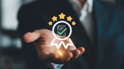 Guaranteeing Excellence A promise of top tier service symbolized by stars and a badge in an open hand with soft glow and