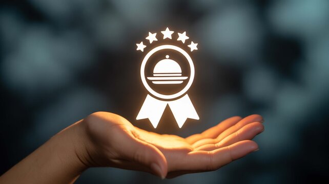 A glowing five star culinary excellence badge presented with care symbolizing top tier dining with soft diffused light