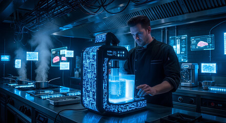 Male Chef Using Advanced 3D Food Printer In A Modern Blue Lit Kitchen, Tech Meets Food