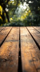 Wooden Table Texture with Defocused Green Garden Background