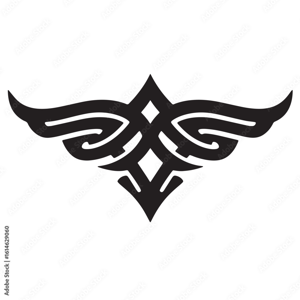 Poster abstract black ornamental design with winged shape and geometric pattern on white background