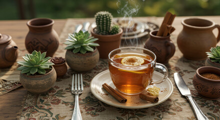 Fototapeta premium Steaming Cup of Herbal Tea with Lemon and Cinnamon.
