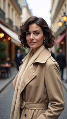 Obraz premium A portrait of a woman, standing in the charming streets, a timeless elegance, Parisian style. The lady wears a beige coat, with her hair styled. She gazes towards the camera.