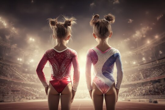 Young gymnasts prepare for competition at a stadium, showcasing their dedication and skill in a vibrant sporting atmosphere