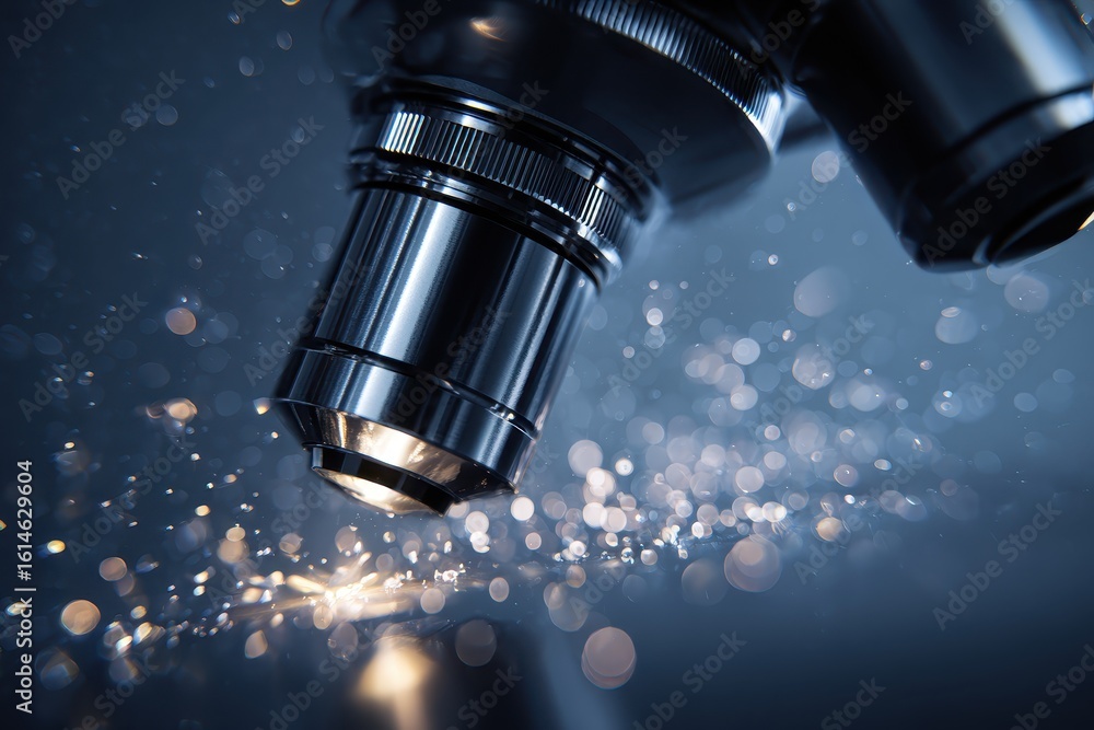 Aufkleber closeup view of microscope lens highlighting minute particles with soft illumination amidst a blurre