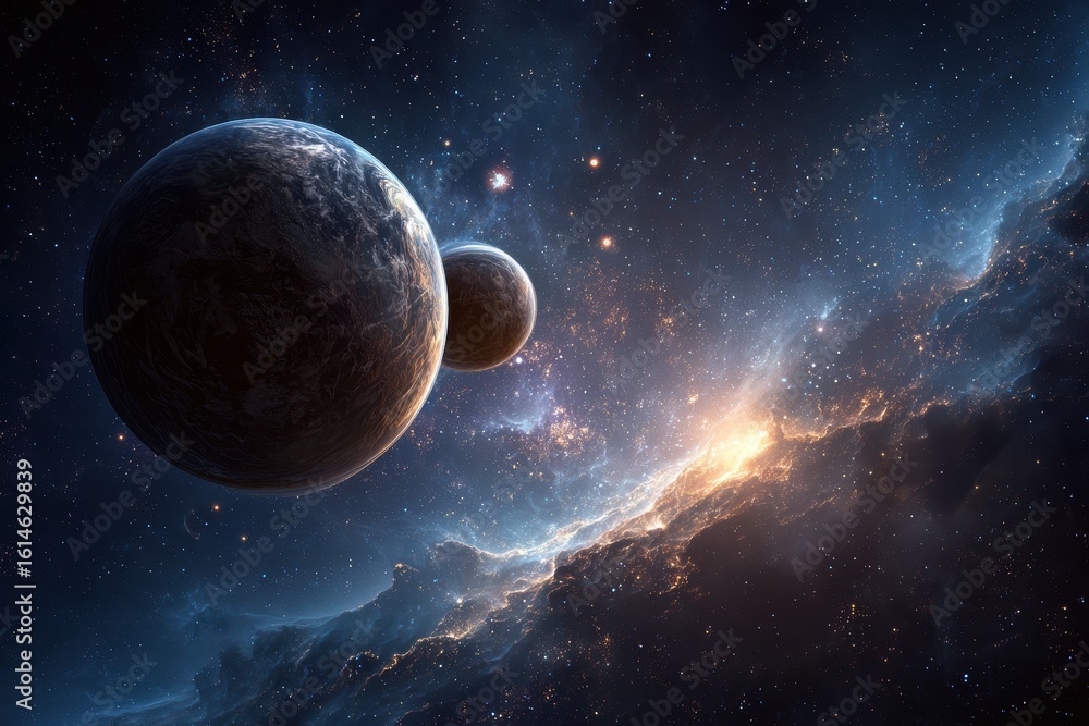 Poster planets orbiting in the vastness of outer space with a stunning cosmic background filled with stars 