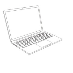 Line drawing of a laptop computer, angled view, showing the screen, keyboard, and trackpad.