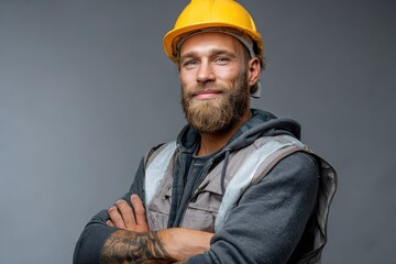 Foreman worker wearing a helmet and vest displaying confidence and professionalism in a well-lit indoor environment