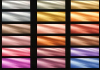 black and white checkered background, A set of shiny metallic gradients. The texture of a smooth metal surface. A collection of silver, gold, purple and blue metallic gradients.