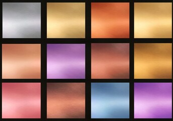 abstract background with squares, A set of shiny metallic gradients. The texture of a smooth metal surface. A collection of silver, gold, purple and blue metallic gradients.