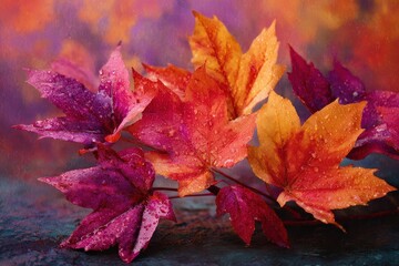 Vibrant fall leaves showcase the beauty of autumn colors with a stunning display of red, orange, and purple hues in a captivating generative artwork
