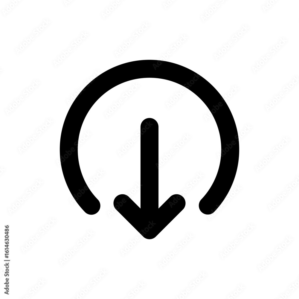 Poster black arrow pointing down inside of a half circle, representing download or sign out icon or symbol 