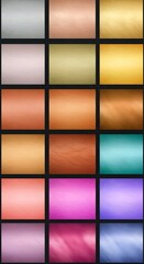 colorful nail polish on white background, A set of shiny metallic gradients. The texture of a smooth metal surface. A collection of silver, gold, purple and blue metallic gradients.