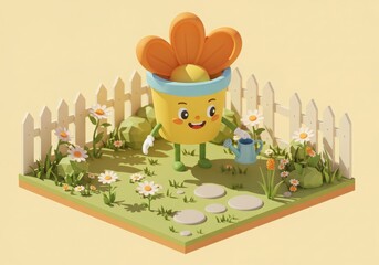 Cute cartoon flower pot character in a garden with a picket fence