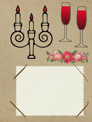 Scrapbook composition with flowers elements, brush, palette, pencil, tube and photo frame. Page for...