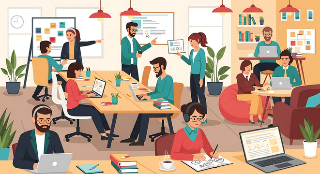 A vector illustration depicting a lively and dynamic coworking space, where many individuals and teams work, interact, and collaborate in a relaxed yet productive atmosphere.