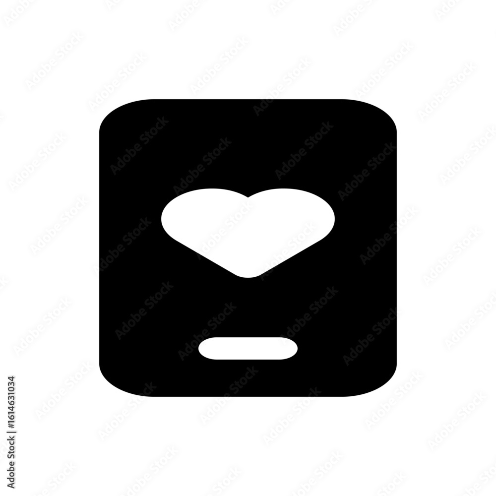 Poster black smartphone with rounded corners displaying a white heart icon and a single button at the botto