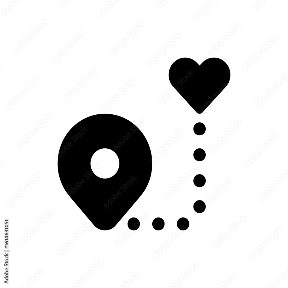 Poster black location pin icon with a white center connected by dots to a black heart shape above it in the