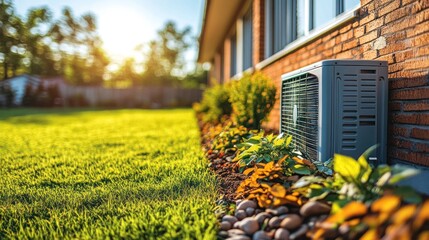 Outdoor AC unit beside a brick home, lush green lawn, and landscaped gardens